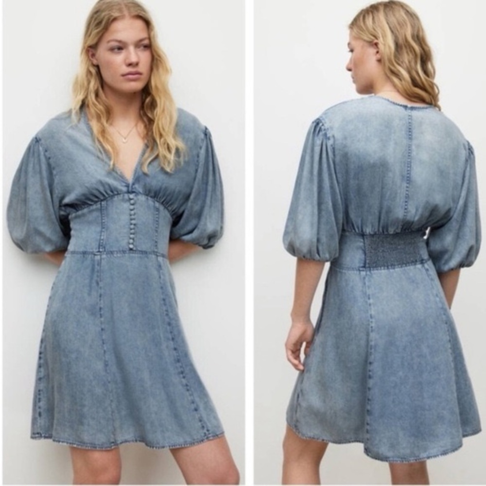 All Saints Light Blue Denim Puff-Sleeve Dress